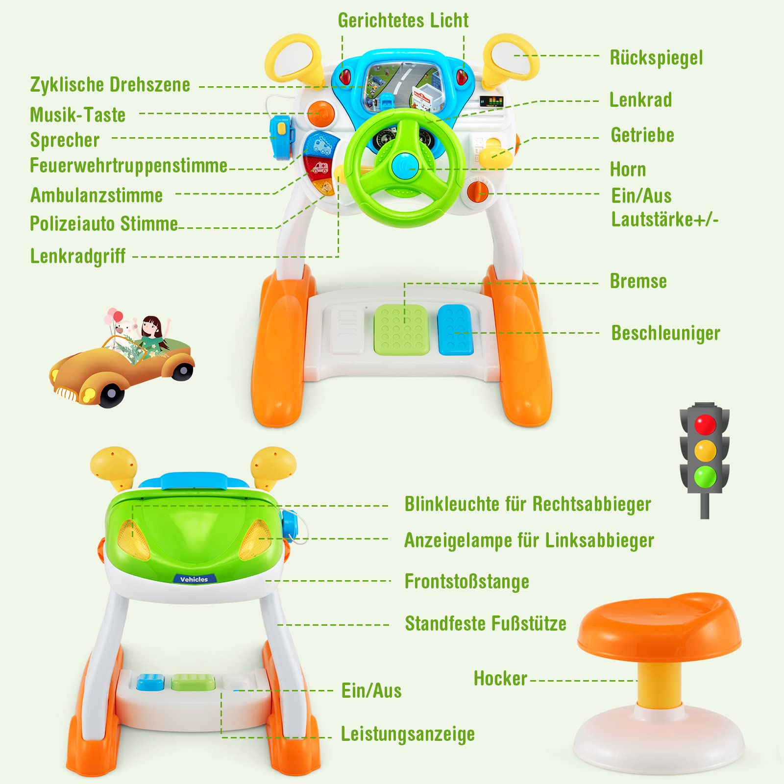 GOPLUS Zabawka dla dzieci z kierownicą, interaktywna zabawka do jazdy ze światłami i dźwiękami, megafon i taboret, realistyczna zabawka edukacyjna, dla chłopców i dziewczynek od 3 lat
