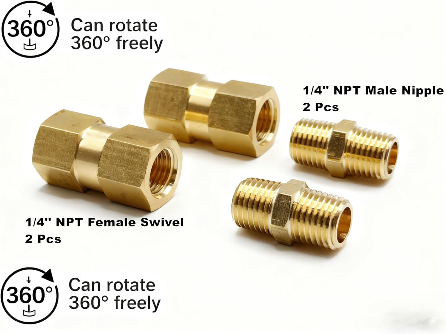 2-Pack Brass 1/4'' NPT 360 degree Swivel Air Hose Line Female Coupling Adapter with 1/4 inch MNPT Nipple Fittings for Air Compressor Pipe System