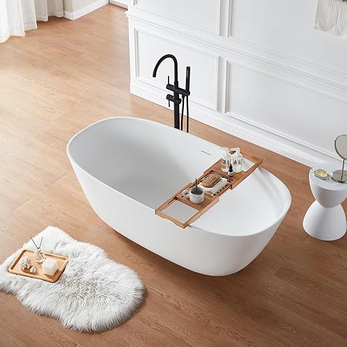 Miniatura 3 de Cpingao Bañera independiente de resina de piedra de 55 pulgadas, diseño moderno y elegante, bañera sola con soporte, blanco mate, drenaje cromado y