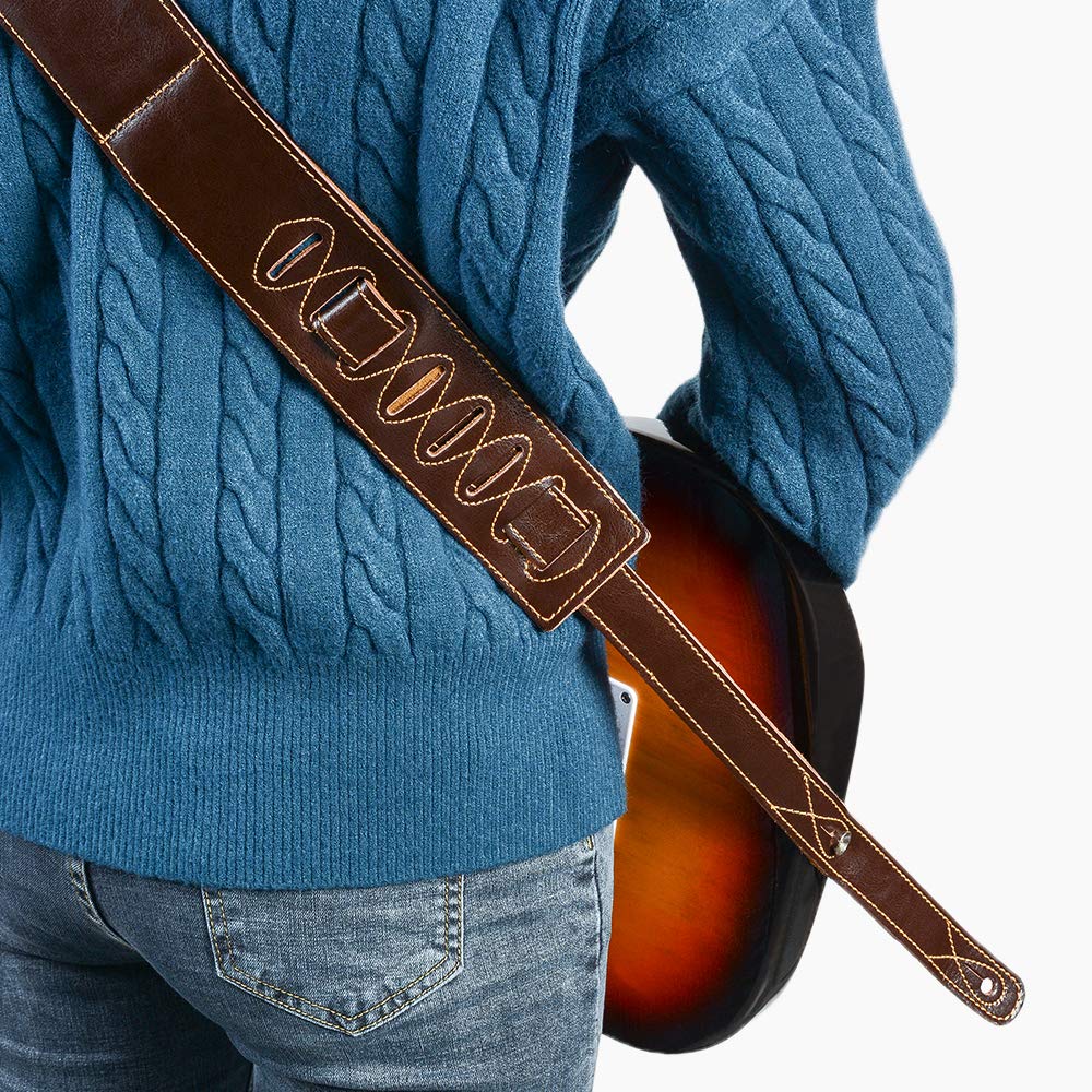 Correa de cuero para guitarra, correa de guitarra de piel auténtica de 3.15 pulgadas con forro de gamuza y cuero para bajo, guitarra eléctrica y guitarra acústica (marrón)