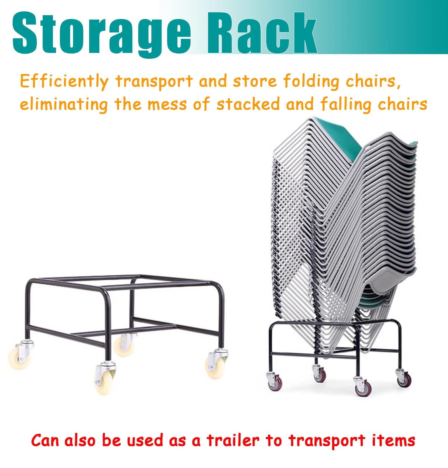 Porte-chaise à roulettes en métal robuste pour 25 chaises en résine, chariot roulant pour conférence et bureau, organisateur de camping