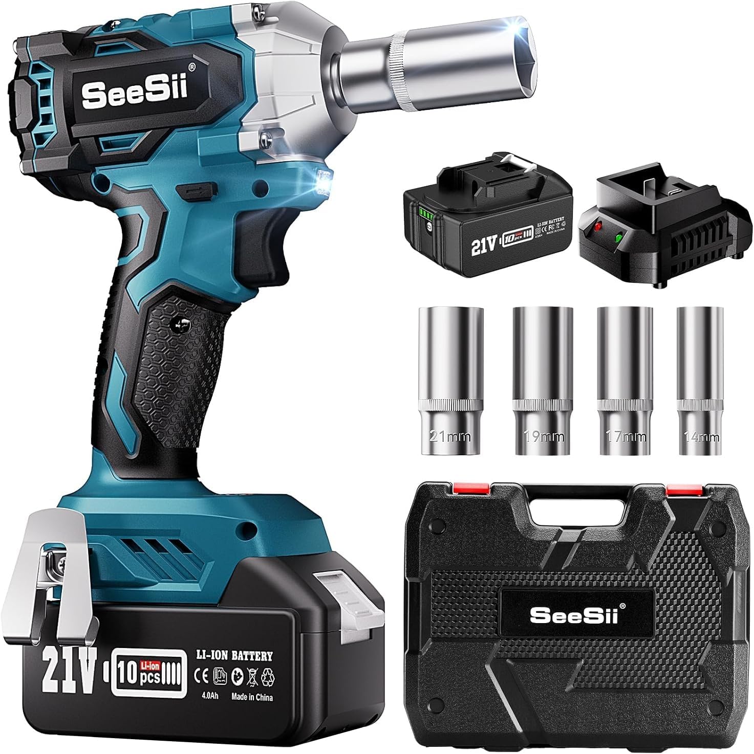 Seesii 3/8" Cordless Impact Wrench, Power Impact Gun w/Max Torque 330Ft-lbs(450N.m), 4.0Ah Rechargable Battery & 4 Sockets, Compact Power Impact Wrench for Lightduty Work Car Home,WH450