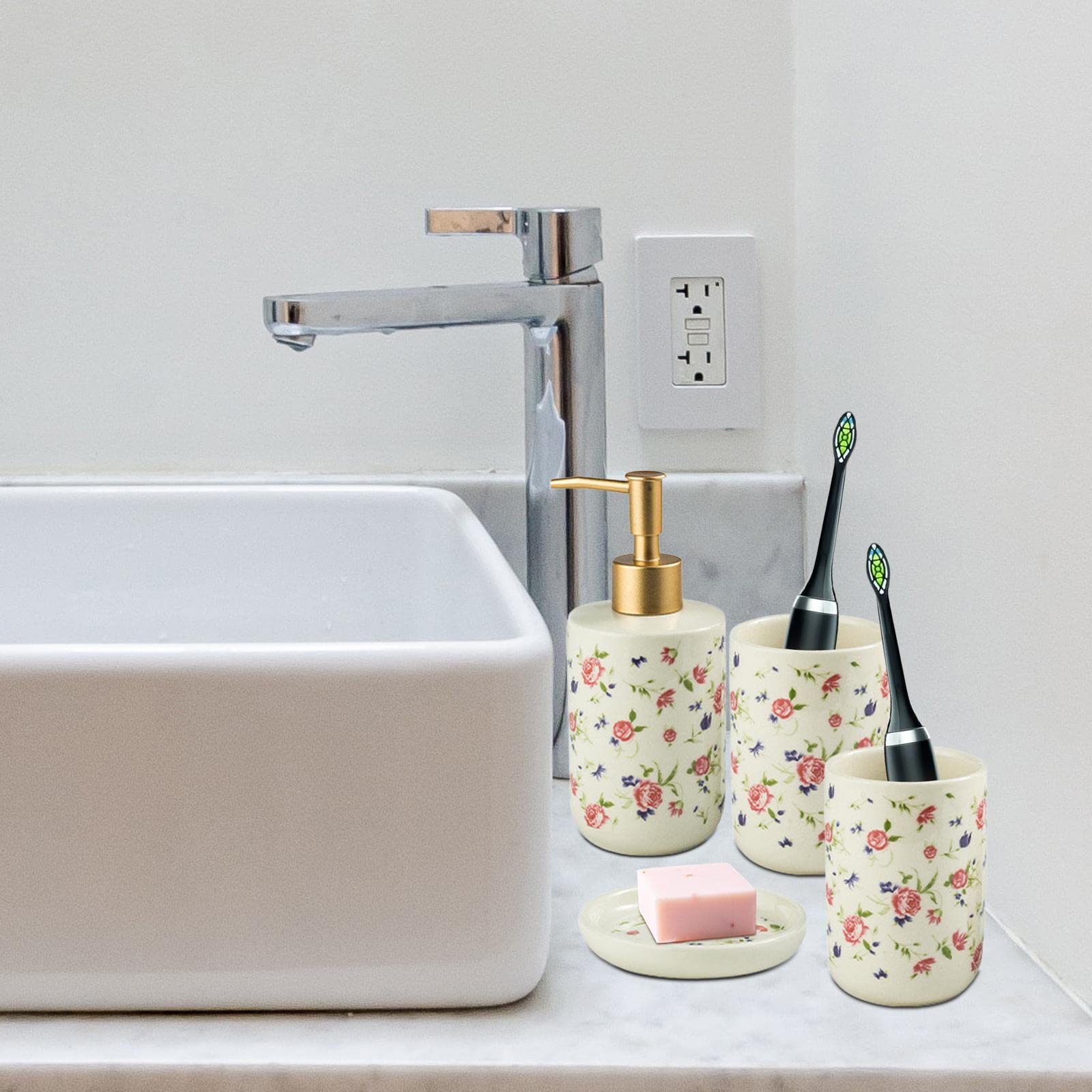 Ceramiczny zestaw akcesoriów łazienkowych premium, luksusowy uchwyt na szczoteczkę do zębów, dozownik balsamu do mydła (małe róże 4 szt.)