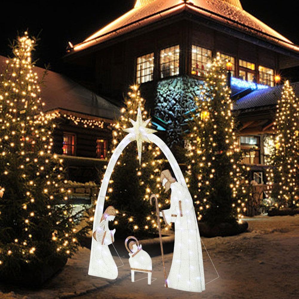 Crèche de Noël Lumineuse d'Extérieur 1,5 m, Décoration pour Cour Familiale, Ensemble Sainte Famille avec Piquets pour Pelouse