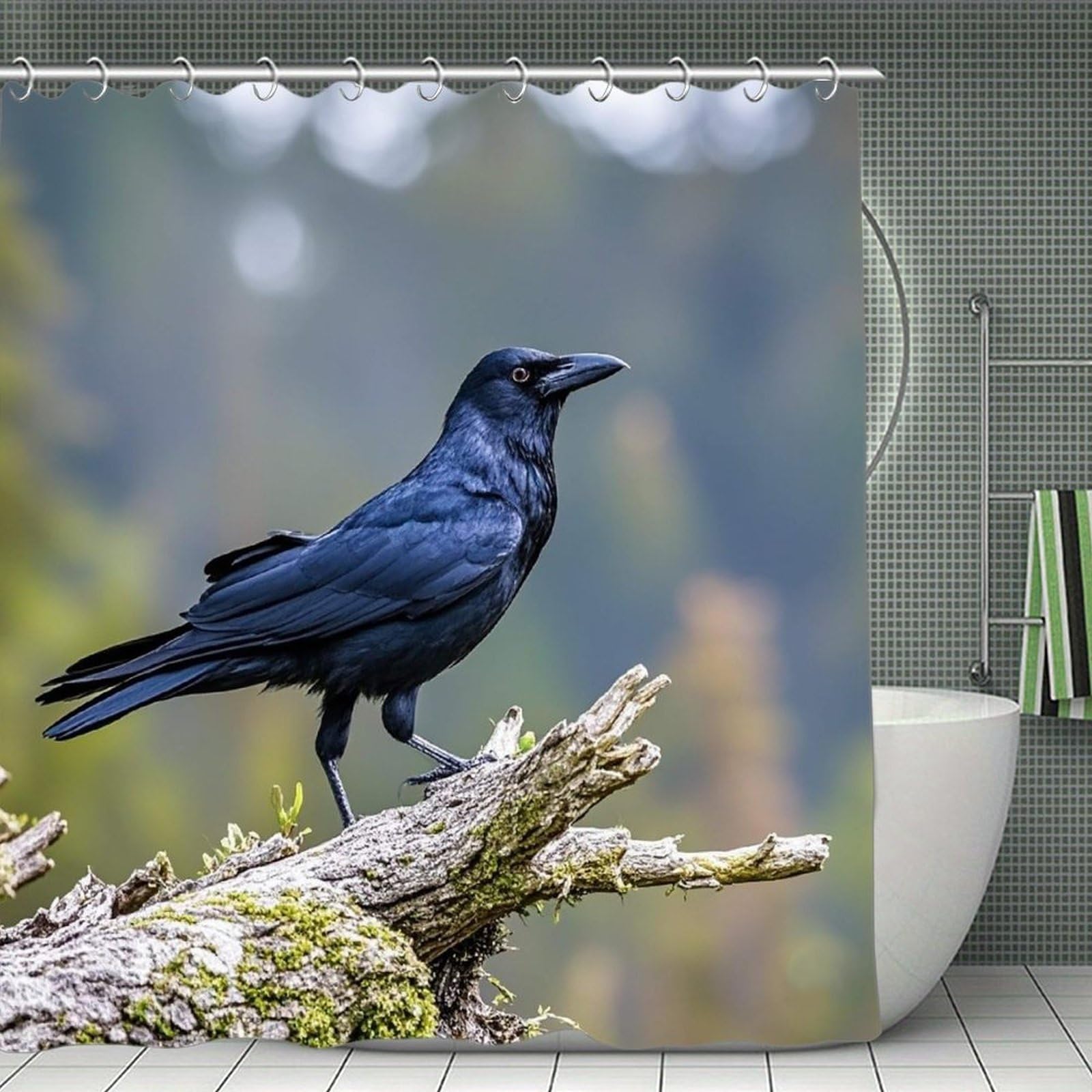 QMNLKH Black Crow Birds Shower Curtain with Hooks, Waterproof Bath Curtains for Bathroom, Lightweight Bath Curtains Liner for Hotel, Personalized Bath Curtain for Spa, 70.8 Inch