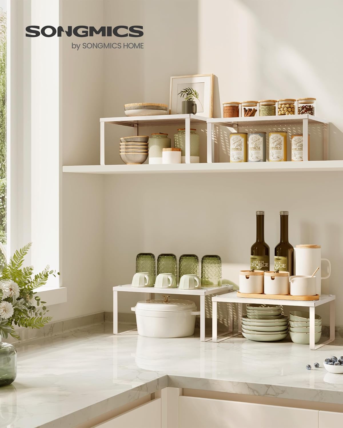 SONGMICS Spice Racks, Set of 4 Metal Cabinet Shelf Organizers, Countertop Organizers, Shelf Risers, Stackable, Expandable, Oatmeal Beige UKCS006K01 - Image 2