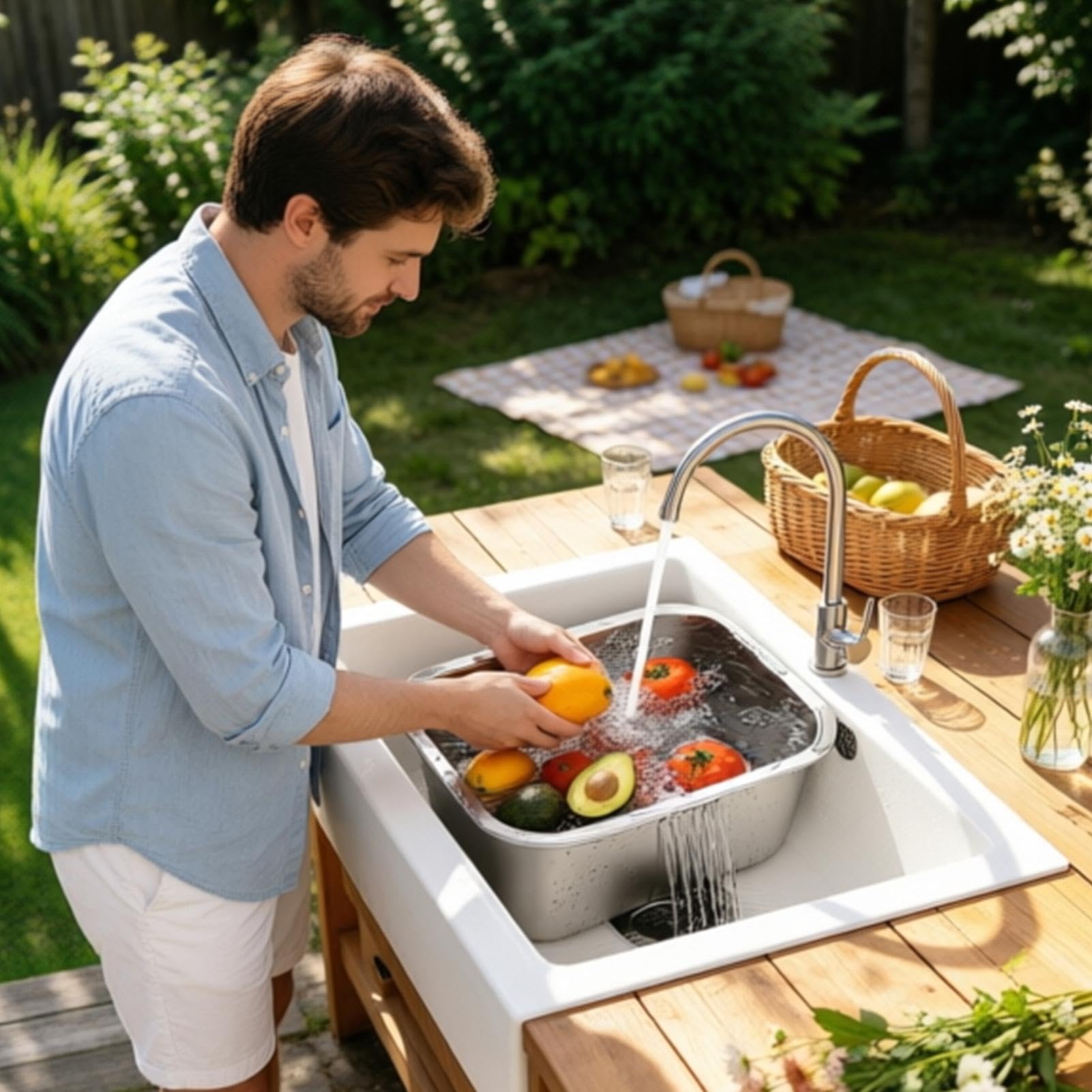 Stainless Steel Dish Basin With Drain Basket, 10l Large Capacity Square Veg