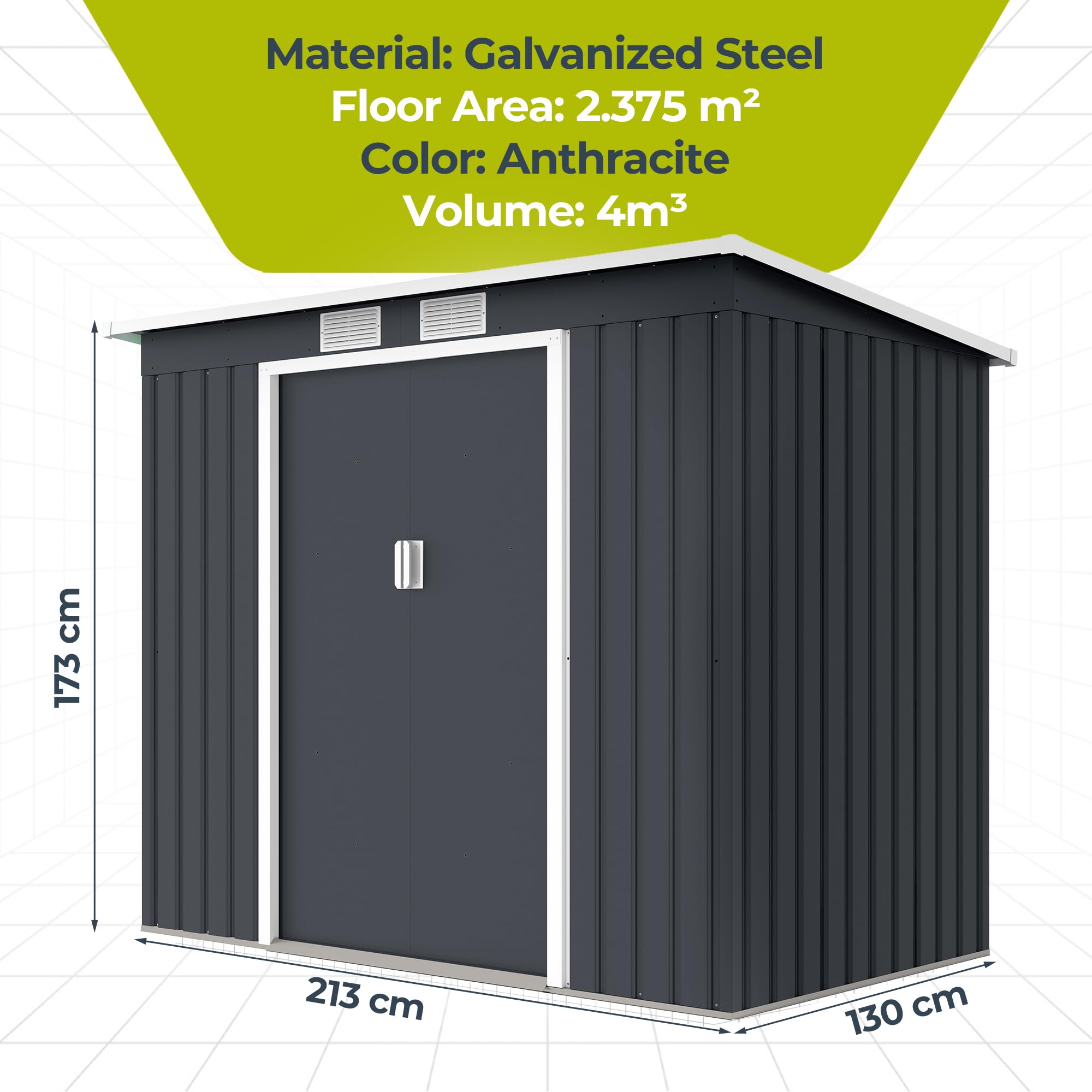 Athelon Geräteschuppen Metall 213×130×173 cm Doppelschiebetüren verzinkter Stahl