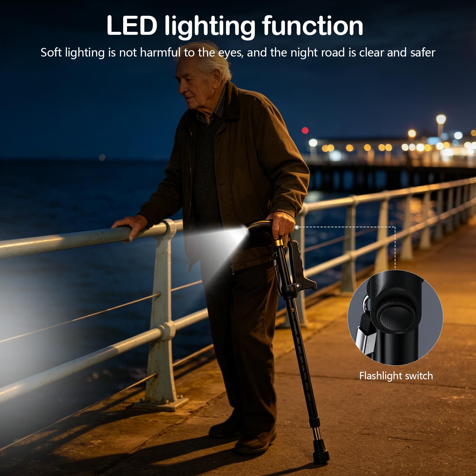 Bastones de Doble Empuñadura para Mayores, Bastón con Altura Ajustable y Luz LED para Hombres y Mujeres Cuenta con Una Base de Cuatro Puntas y una Base Giratoria para Facilitar la Bipedestación