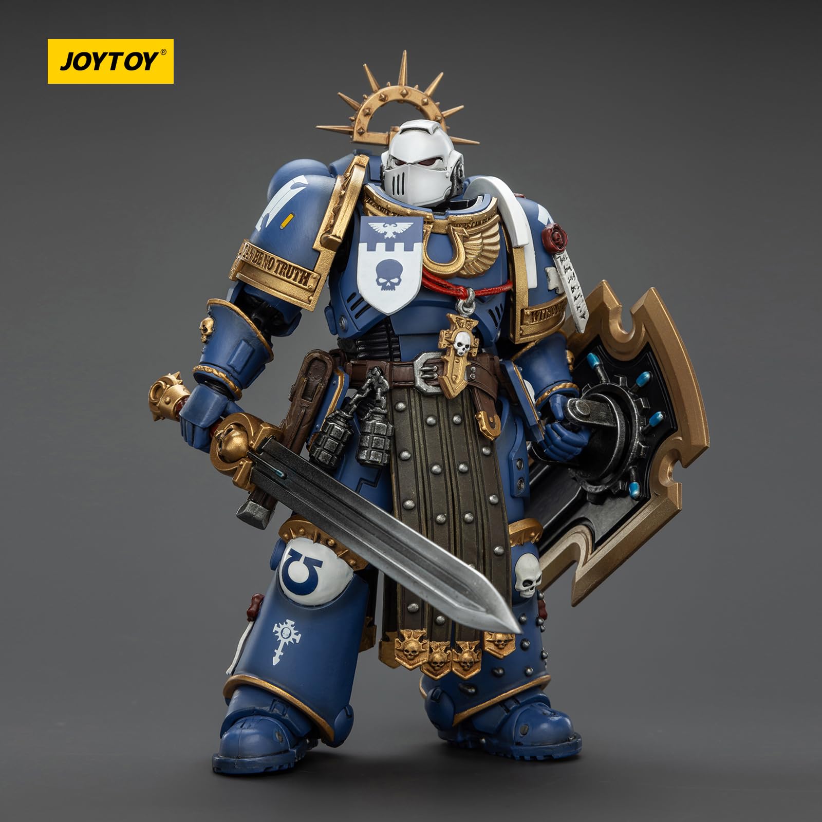 JOYTOY Warhammer 40k Ultramarines Torvald con Spada del Potere, Scudo Tempesta e Pistola a Impulsi 1/18 Figura d'Azione da Collezione e Modello da Esposizione