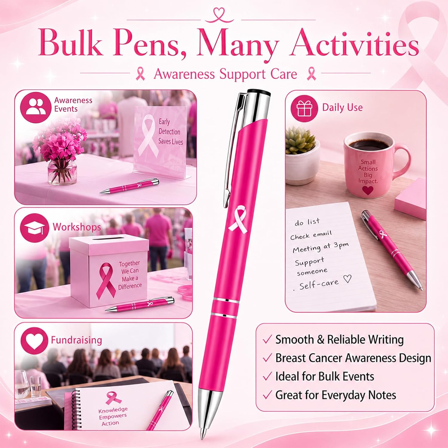 Tinlade 50 Set Breast Cancer Awareness Pens with Self Exam Cards Bulk Items image 5
