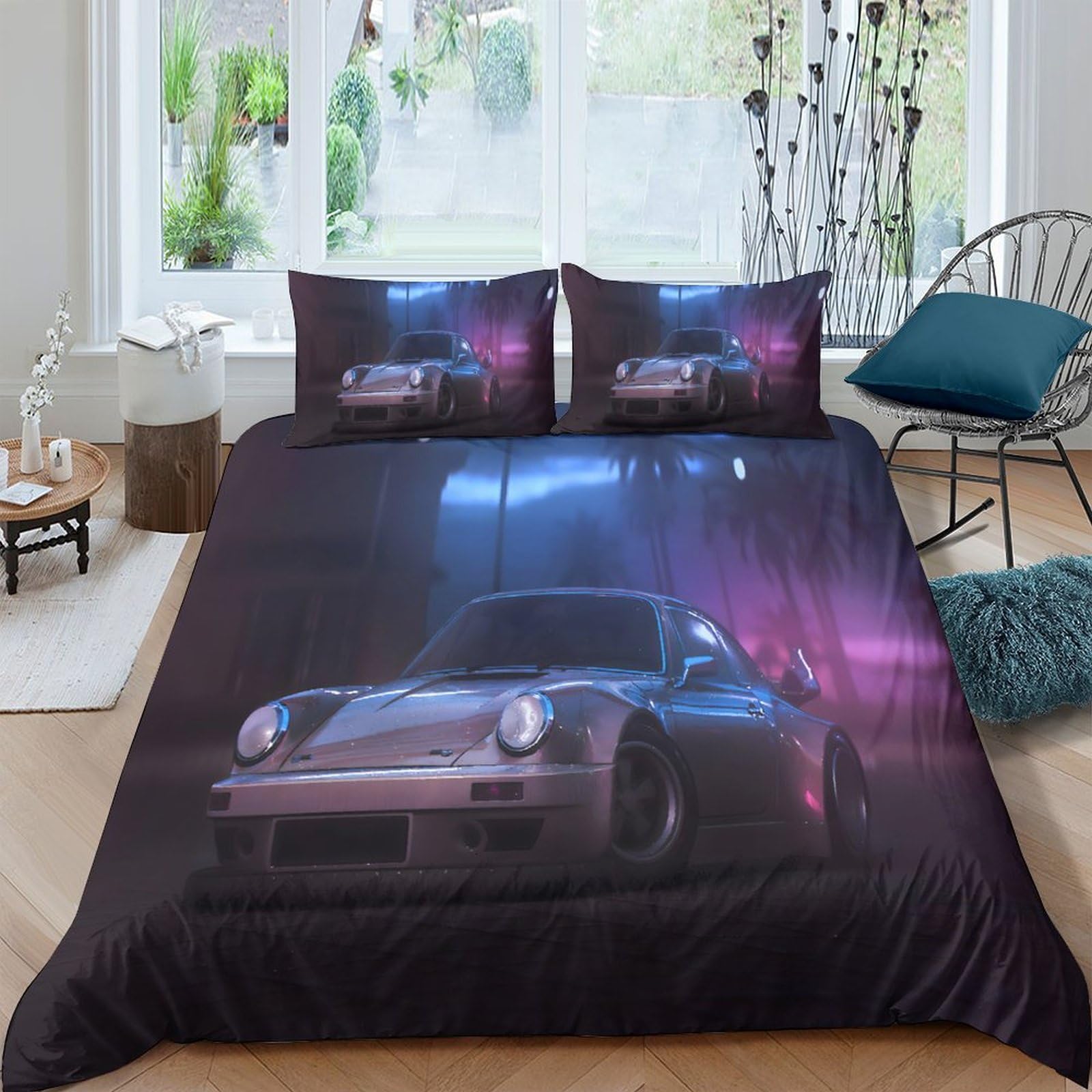 Ctjqhvkz Style-3 3D Printed Retro Sports Car Fitted Sheet Microfiber Dark Neon City Mattress Cover For Bedroom Dorm Decor Easy Care Single（135X200cm）