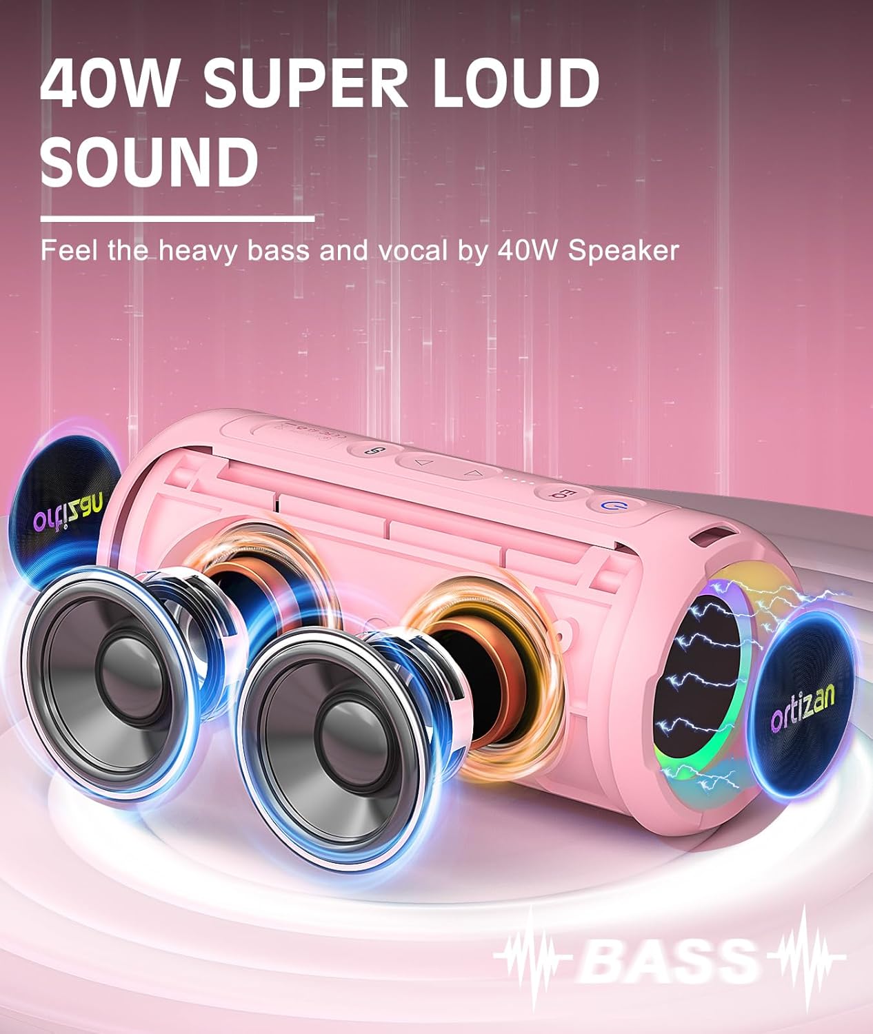 Ortizan Bluetooth Speakers, Portable Wireless Stereo Speaker - IPX7 Waterproof, 30W RMS(40W Peak) Loud Sound, Deep Bass, LED Light, Bluetooth 5.3, for Home/Shower/Outdoor/Beach, Gifts for Adult, Pink - Image 2