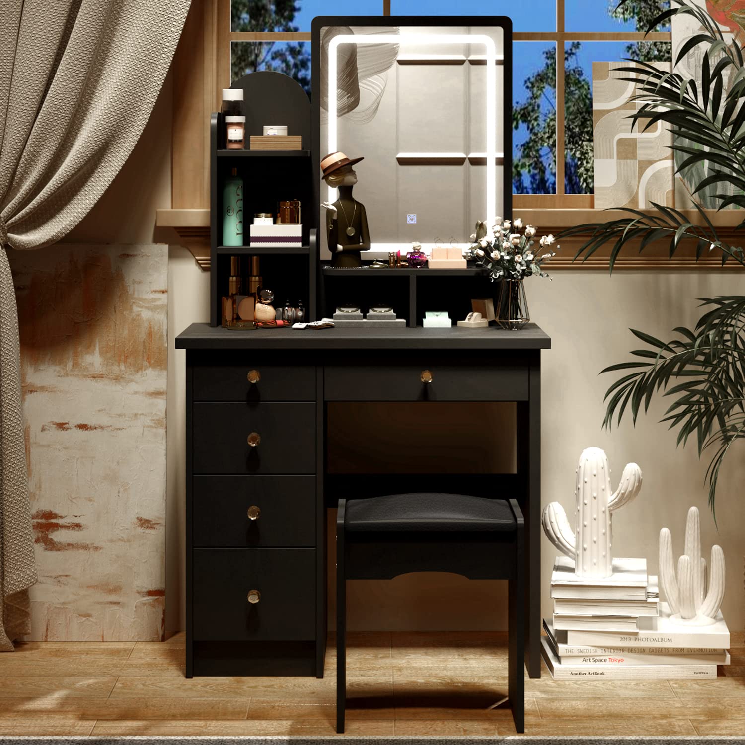 AGOTENI Black Vanity Set with Mirror, Makeup Vanity Dressing Table with Lighted Mirror, 5 Drawers, Shelves, Dresser Desk and Cushioned Stool Set : Home & Kitchen