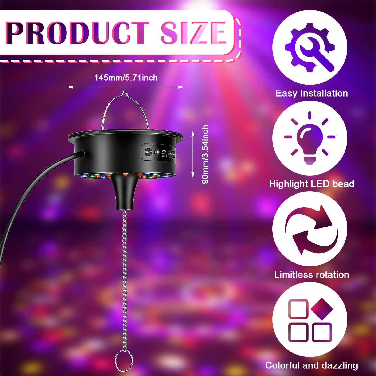 Motor de bola de discoteca con luz LED, motor giratorio de espejo con control remoto, luz de discoteca de 30 perlas LED, velocidad ajustable, accionamiento silencioso para bola de discoteca