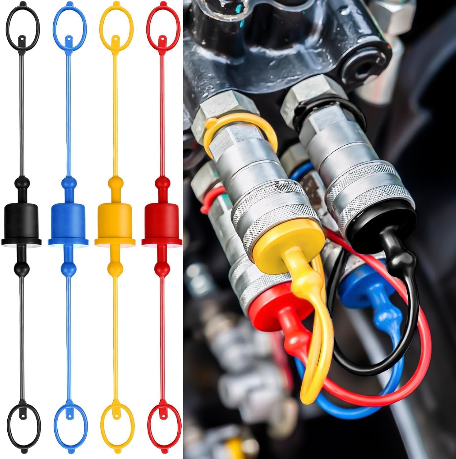4 Sets 1/2 Inch Hydraulic Dust Caps & Plugs – PVC Hydraulic Quick Disconnect Port Plug Fittings, Male Dust Cap + Female Plug Cover for Flat Face Couplings (Red, Yellow, Blue, Black)