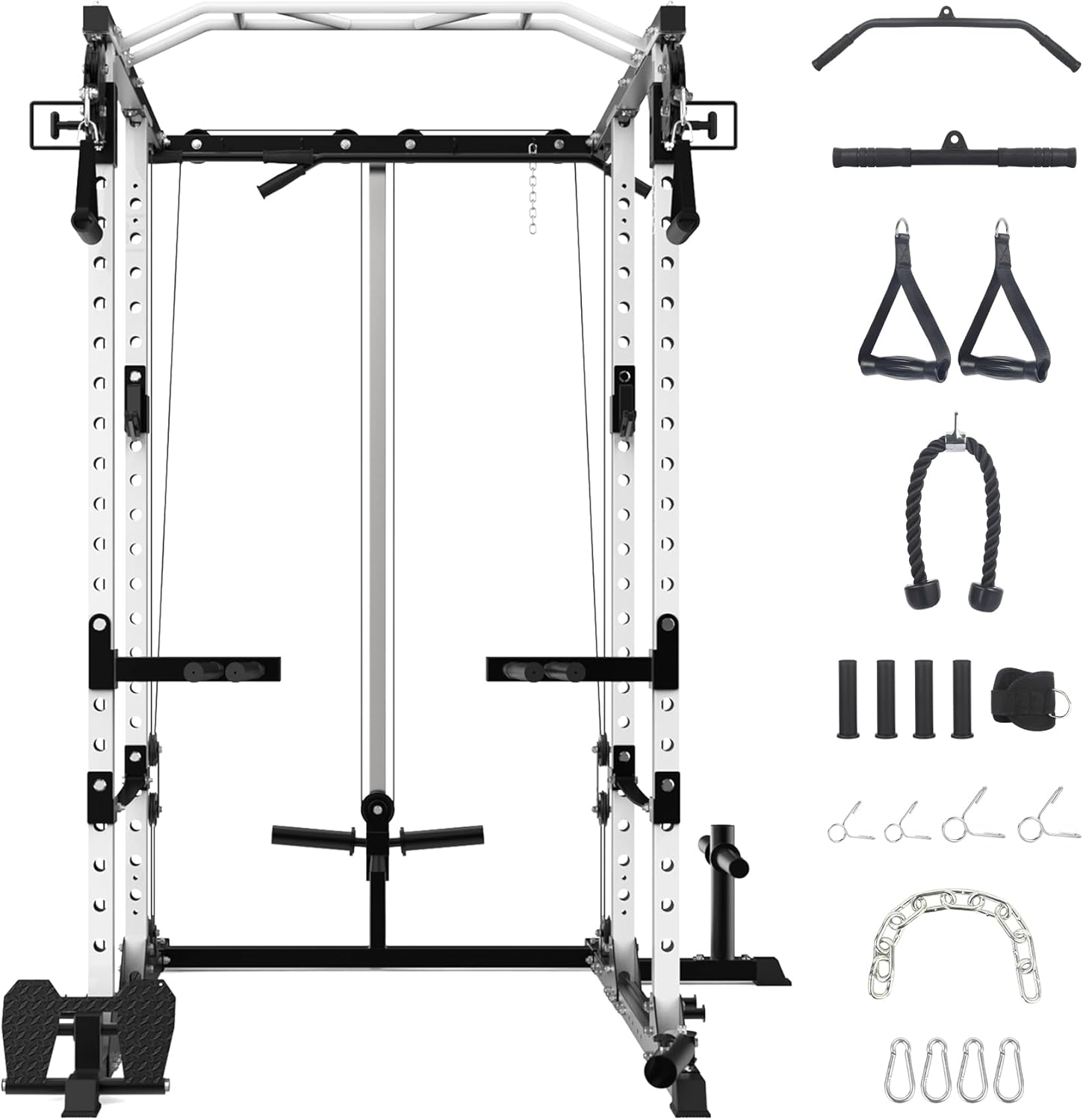2000 Lbs Power Cage for Home Gym Squat Rack with Cable Cross-Over System & LAT Pull Down Workout Cage Strength Training Weight Cage for Multiple Functions and Exercise, Black and White