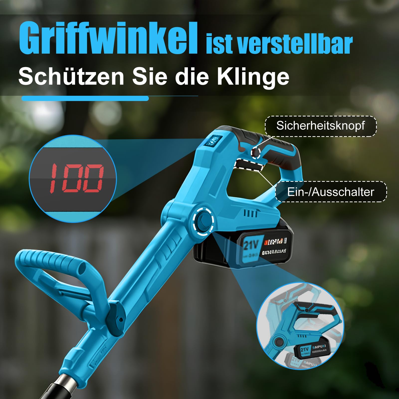 Desbrozadora eléctrica con batería con cepillo para malas hierbas, 21 V, desbrozadora eléctrica con batería, 2 baterías de 4,0 Ah y cargador, cabezal ajustable, mango telescópico para jardín, césped