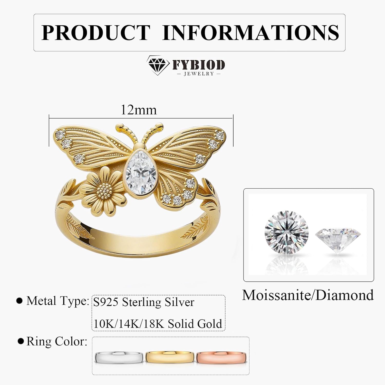 Pear Cut Gemstone Butterfly Rings for Women Butterfly Flower Statement Anniversary Ring Birthstone Ring Jewelry Gifts Size 4-15