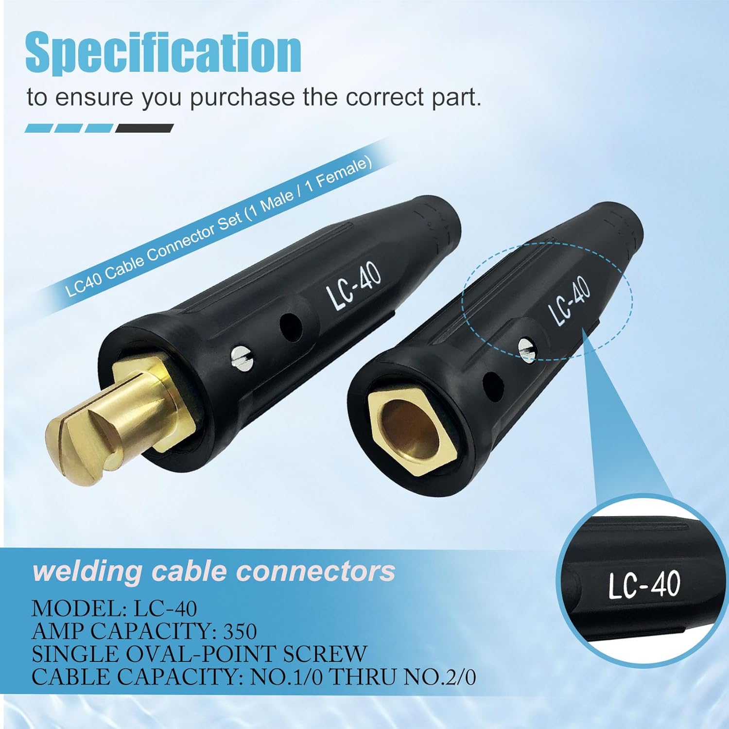2 Pack LC-40 Welding Leads Quick Connector, Welding Cable Connectors, Male & Female Welding Connectors for Welding Machine Accessories, 1/0 and 2/0 Welding Cable Size Capacity, 350 Amp Max Rating