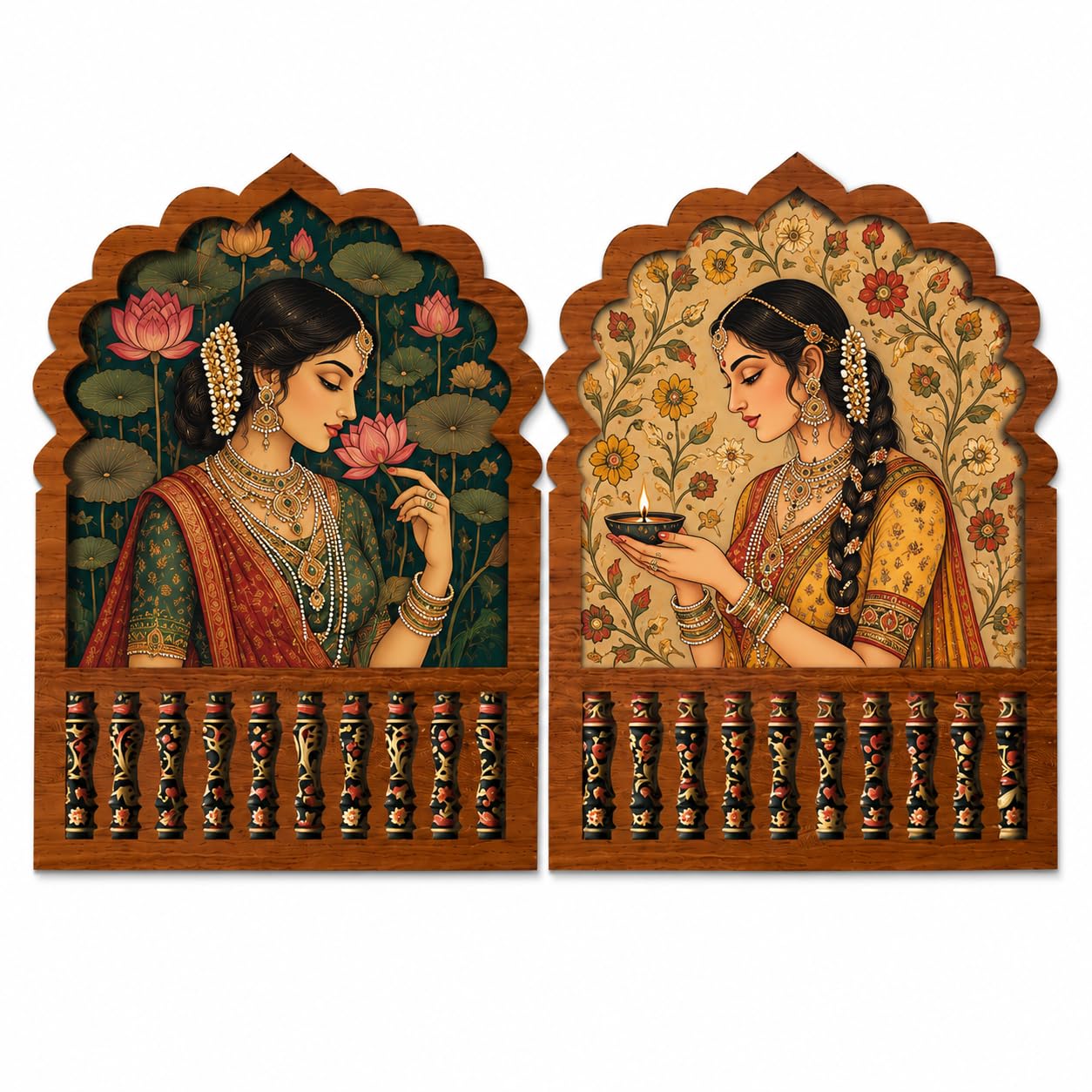 GLADTOGIFT Traditional Indian Wall Decor Set of 2 | Mughal Jharokha Wooden Wall Art | Vintage Rajasthani Lady MDF Wall Hanging | Boho Decorative Wall Panels for Living Room, Bedroom & Hallway-image-30