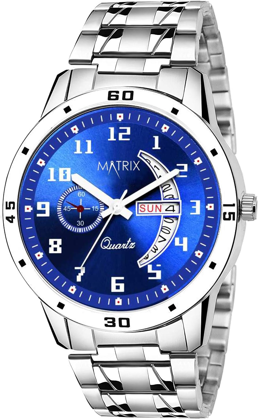 Blue, Black & Silver Dial, Day & Date Functioning, Stainless Steel Strap Analog Watch for Men & Women, Blue, Free Size, Classic