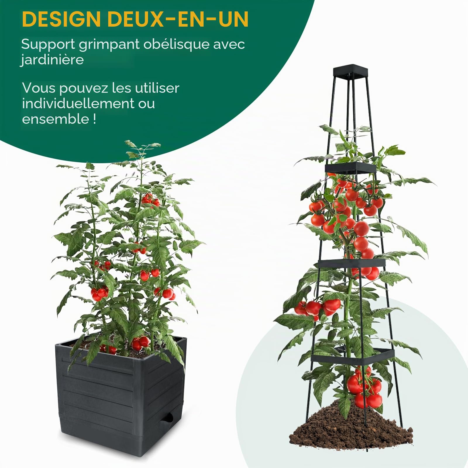 MYMULIKE Obélisque avec jardinière, Lot de 2 tuteur pour Plantes d'intérieur, avec jardinière Beau Support de Plantes en métal, Cadeau Jardinière surélevée en Plastique Noir