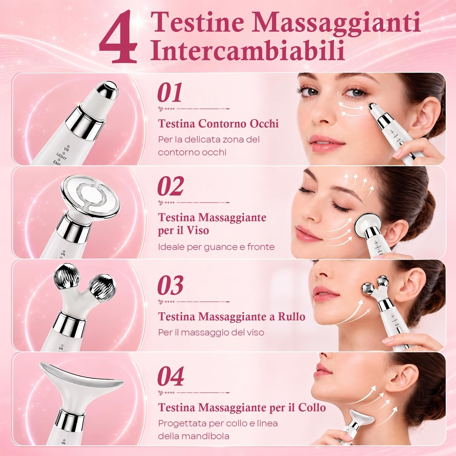 Massaggiatore Viso Lifting Antirughe Elettrico: 4-in-1 Apparecchio Massaggio Viso con 4 Testine Intercambiabili, Luce LED 3 Modalità, Calore 45°C, Massaggio Vibrante per Viso e Collo, per Uomo e Donna