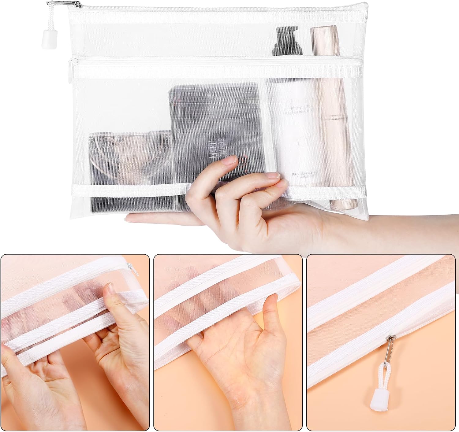 12 Pieces Zipper Nylon Mesh Pouch, Mesh Cosmetic Bags Makeup Bags Pencil Case, Multipurpose Travel Bags for Cosmetic School Office Supplies and Travel Accessories (2 Layers-White, A5) - Image 3