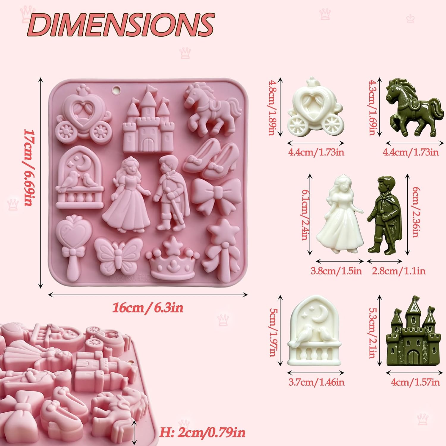 2-Pack Fairy Tale Princess Silicone Mold, 3D Castle Prince Princess Silicone Chocolate Mold, 12 Cavity Prince butterfly bow crown Ice Cube Mold for Candy Fondant Cake Decor DIY Soap Candle Crafts