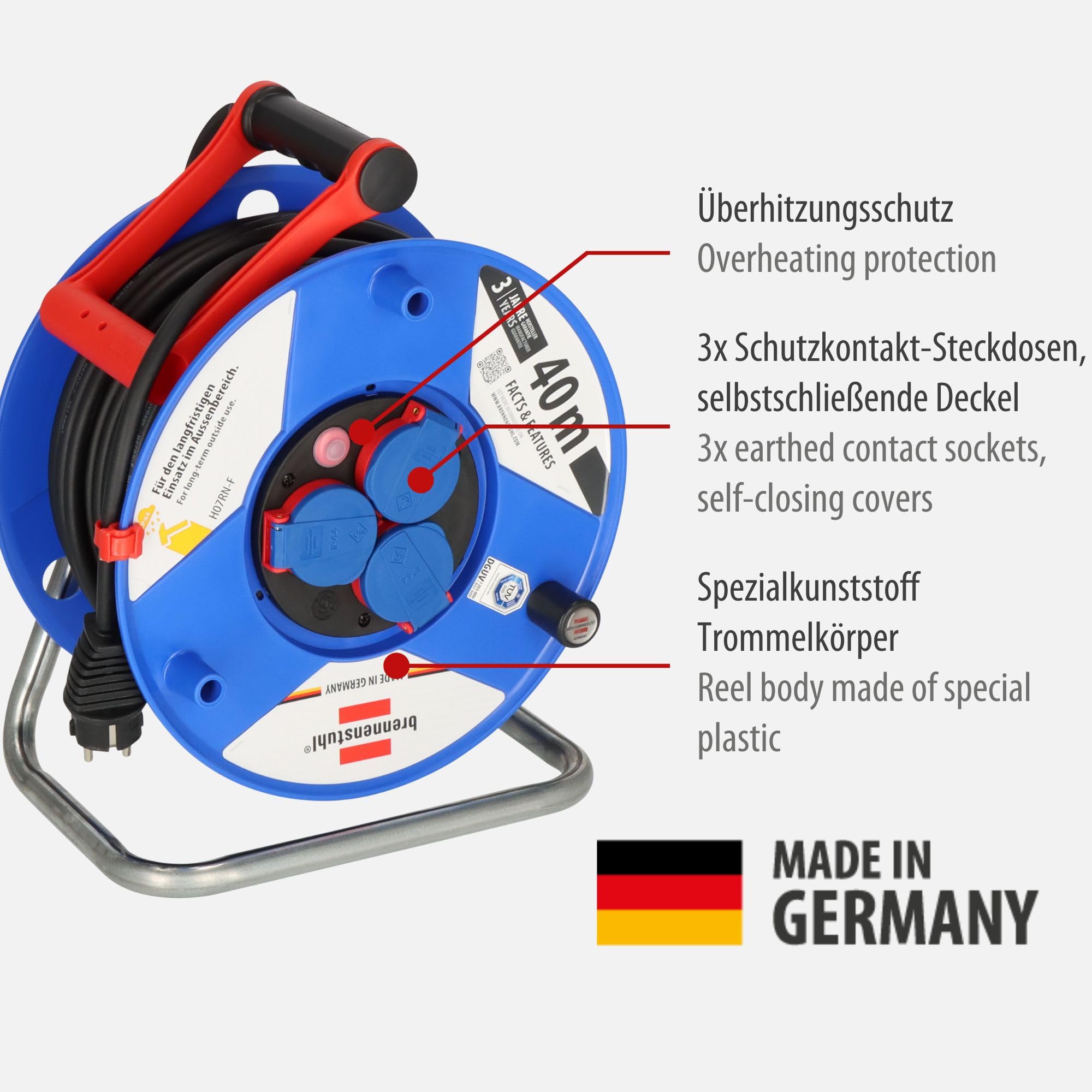 Brennenstuhl Garant IP44 Gewerbe-/Baustellen-Kabeltrommel, 40m - Spezialkunststoff (Baustelleneinsatz und ständiger Einsatz im Außenbereich, Made in Germany) blau