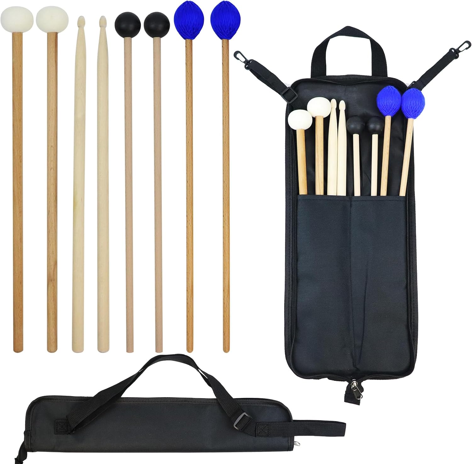 Drum Mallets Kit, 4 Pairs (Felt Timpani + Rubber + Marimba + 5A) Drumsticks with Storage Bag, Percussion Instrument Accessories for Steel Drum, Bass Drum, Glockenspiel, Xylophone Mallet