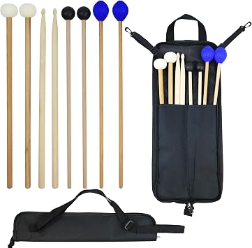 Drum Mallets Kit, 4 Pairs Felt Timpani + Rubber + Marimba + 5A Drumsticks with Storage Bag, Percussion Instrument Accessories for Steel Drum, Bass Drum, Glockenspiel, Xylophone Mallet
