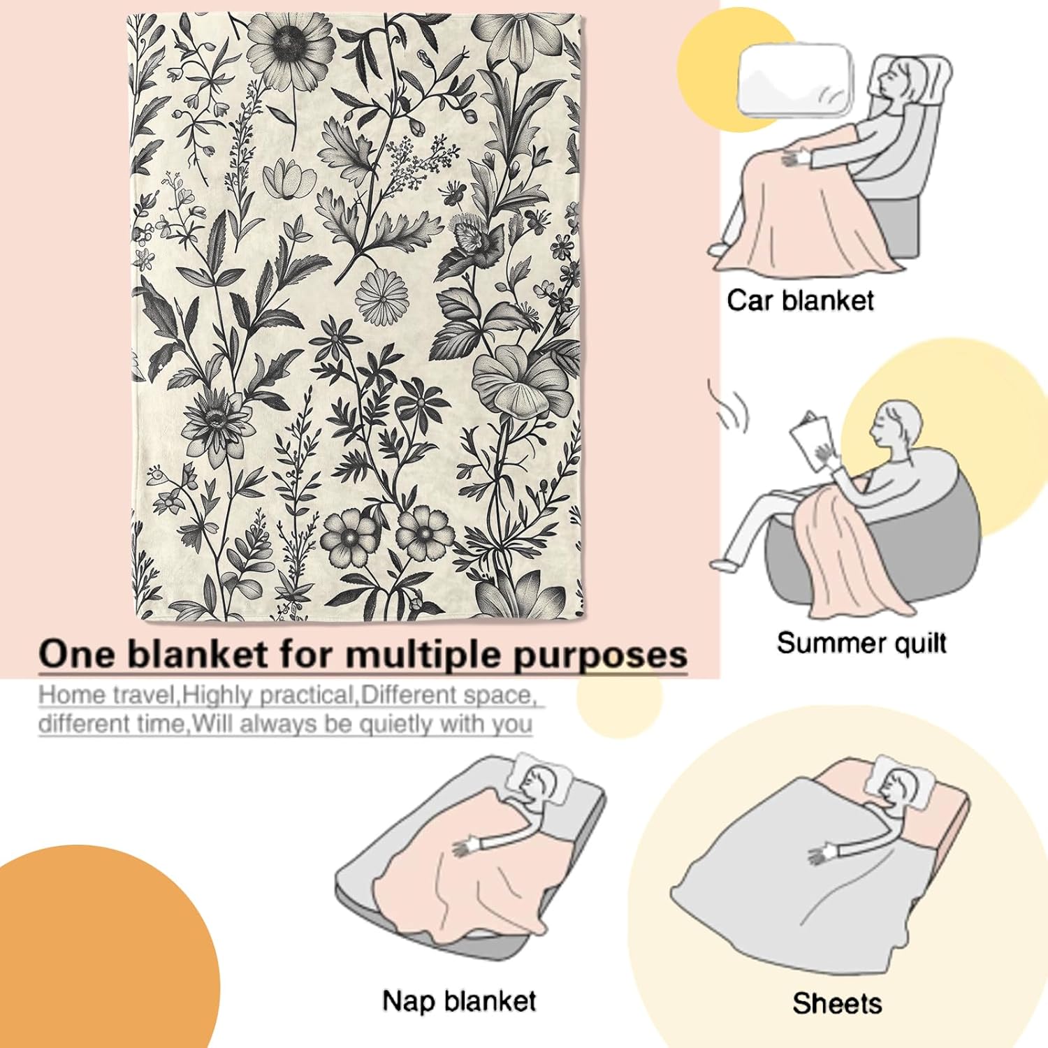 Monochrome Floral Blanket Black and White Vintage Botanical Illustration Throw Blankets Lightweight Flannel Throws for Camping Couch Chair Office Bed Decor Gifts for Adults,60x50inch - Image 3