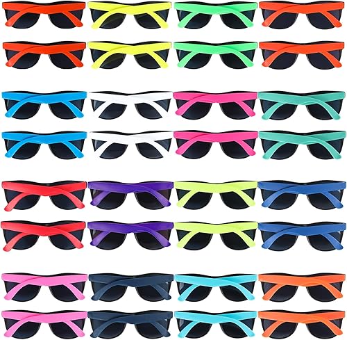 Paquete de 32 lentes de sol de neón de 16 colores, regalos de fiesta, estilo de los años 80, coloridos juegos de gafas de sol para fiesta, perfectos disponible en Yaxa El Salvador
