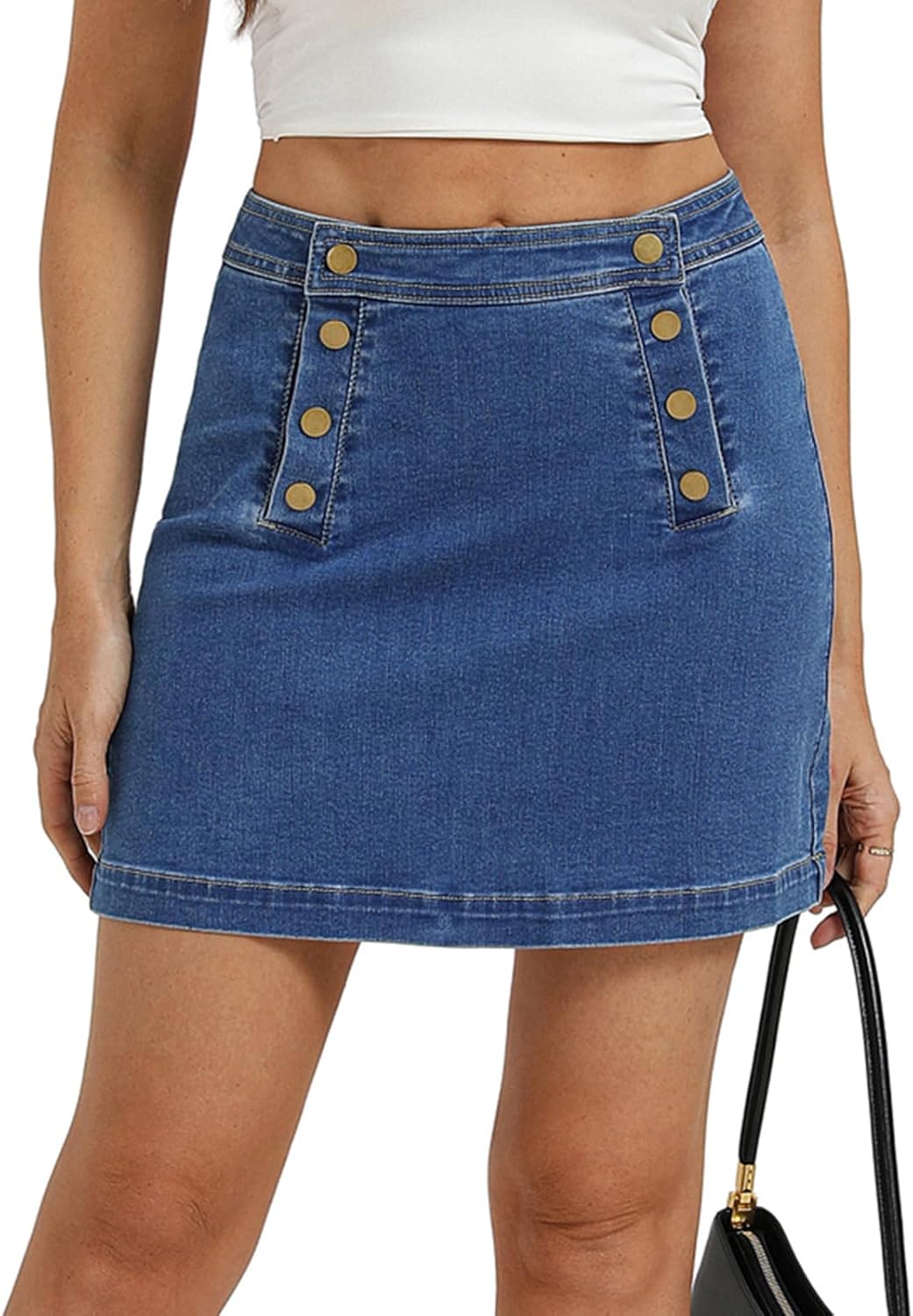 Belle Poque Denim Mini Skirt High Waisted Button-Front Sailor Jean Skirts for Women with Back Patch Pockets