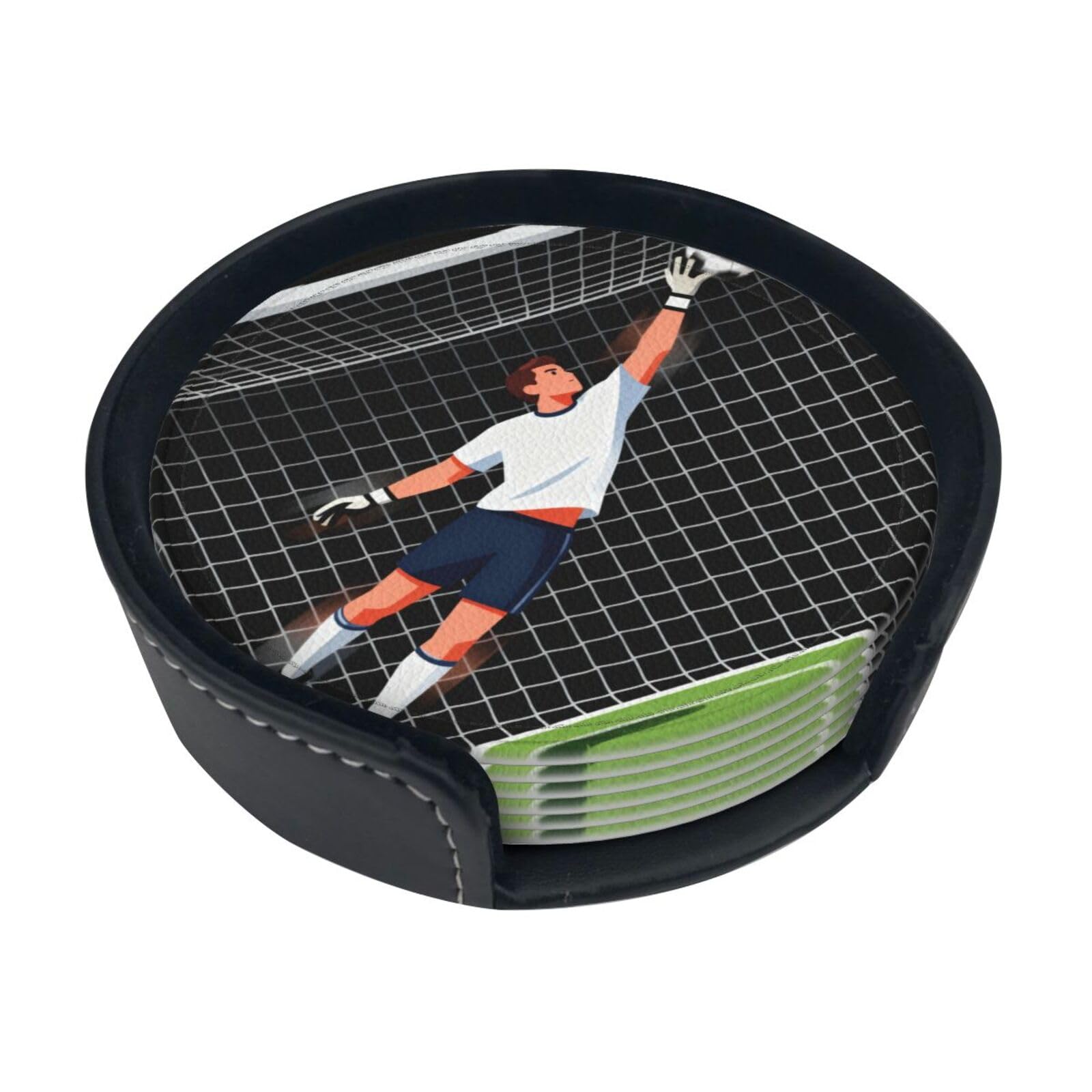 Cntdbu White Goalie Dive Save Leather Coasters Set Of 6-Pu Leather Drink Mats For Table, Heat Resistant Round Coasters With Holder