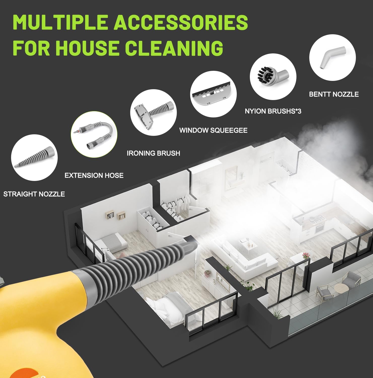 Handheld Steam Cleaner, Pressurized Multi-Surface Steam Shot with 13 Accessories, Safety Lock, Steamer for Cleaning Floor, Upholstery, Grout, Windows, Couch and Car (Yellow)