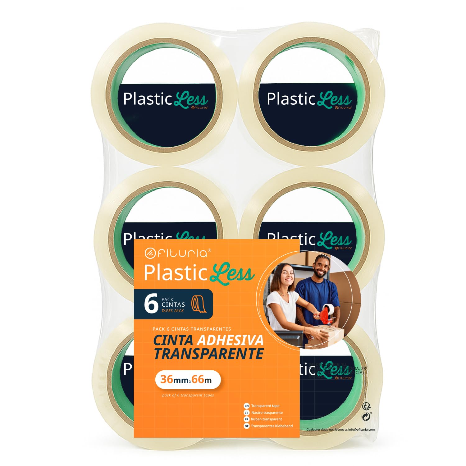 OFITURIA PlasticLess Transparentes Packband 36mm x 66m, Acryl, starke Haftung – 25% weniger Kunststoff, 100% recycelter Kern, für Kartons, Versand & Umzug (6 Rolle)