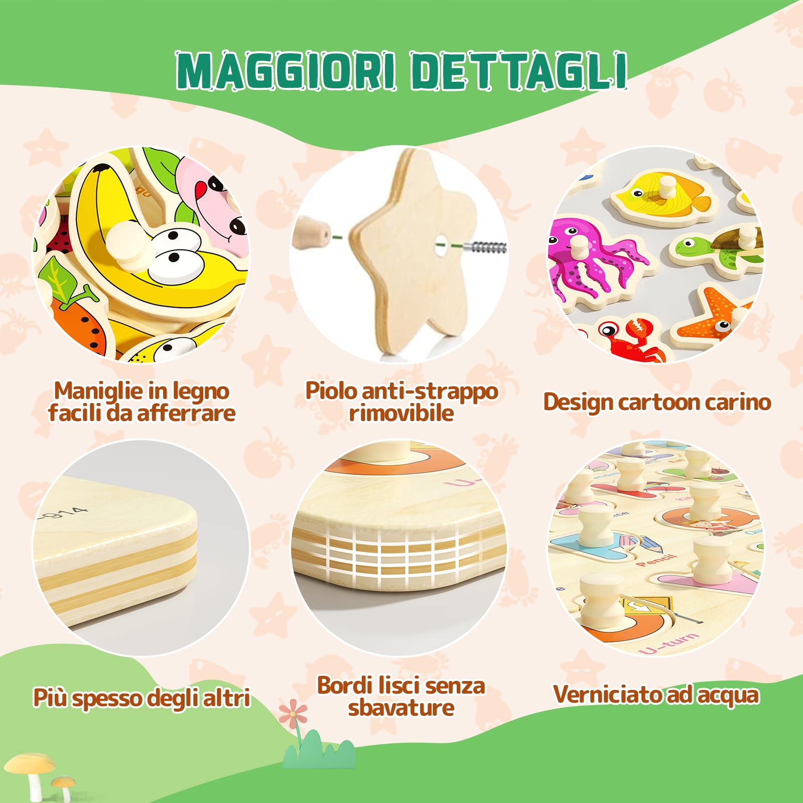 Puzzle con pioli in legno per bambini dai 2 ai 4 anni, confezione da 6 giocattoli educativi Montessori, puzzle regalo per bambini da 1 a 3 anni con numeri dell'alfabeto e forme di animali