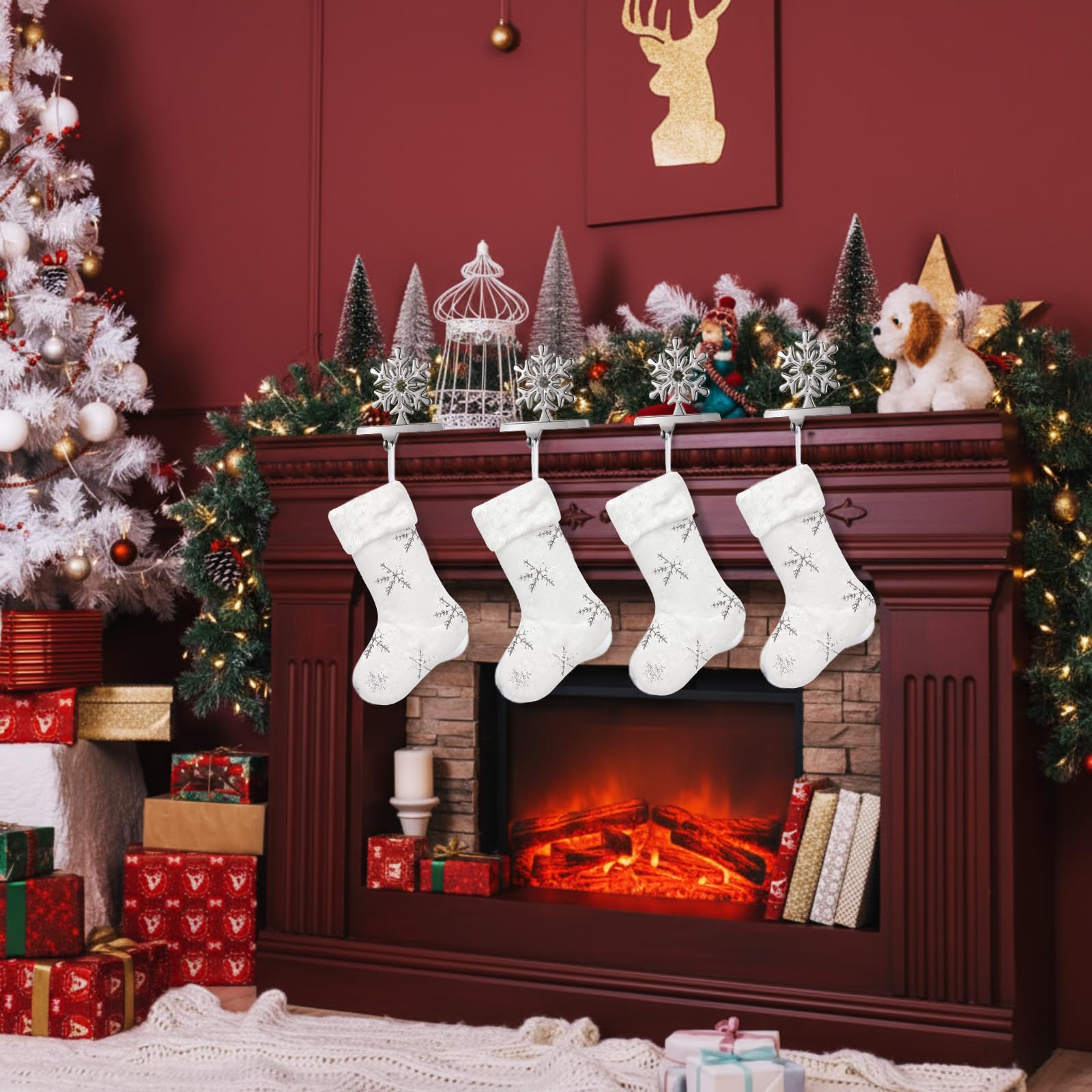 8 Pcs Christmas Stockings with Holder Set Includes 4 Faux Fur Stocking Ornaments 4 Mantle Snowflake Stocking Hangers Hooks for Xmas Family Party Decoration