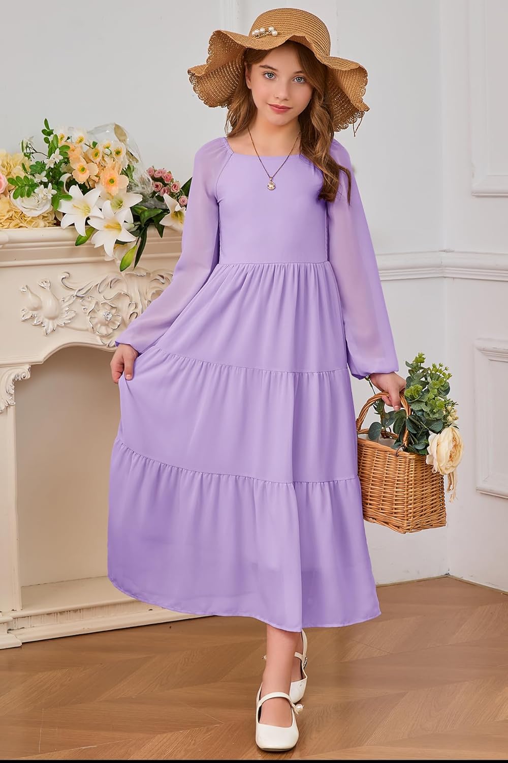 YOVION Girls Fall Long Sleeve Maxi Dress Chiffon A-Line Smocked Tiered Flowy Formal Wedding Guest Dresses for 6-12 Y - Image 6