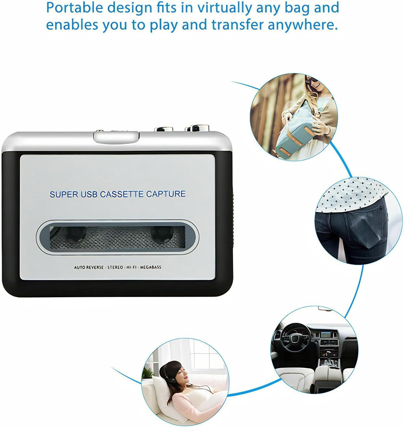 Cassette to MP3 Converter with USB Power Supply, Plug and Play Tape Player for MP3 Conversion, Includes Audacity Software