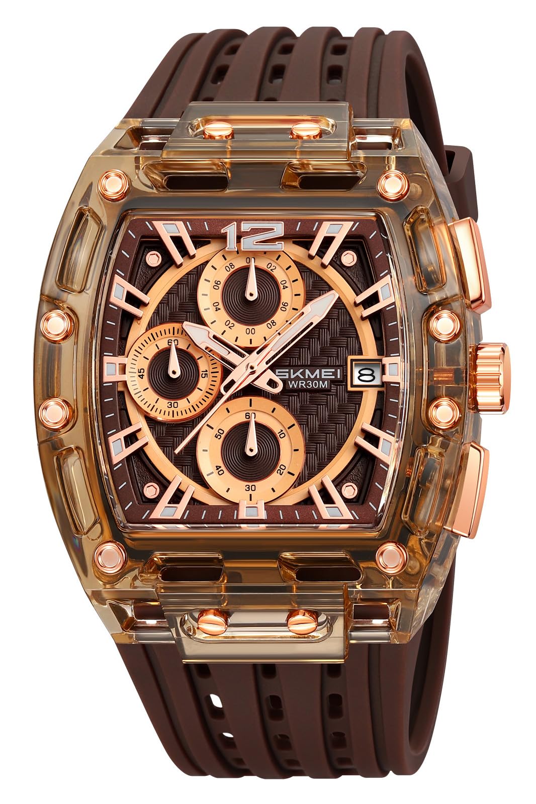 FANMIS Reloj cronógrafo para hombre, esfera rectangular transparente, reloj de pulsera de cuarzo, resistente al agua, deportivo, digital, analógico, doble visualización de hora, cronómetro con correa