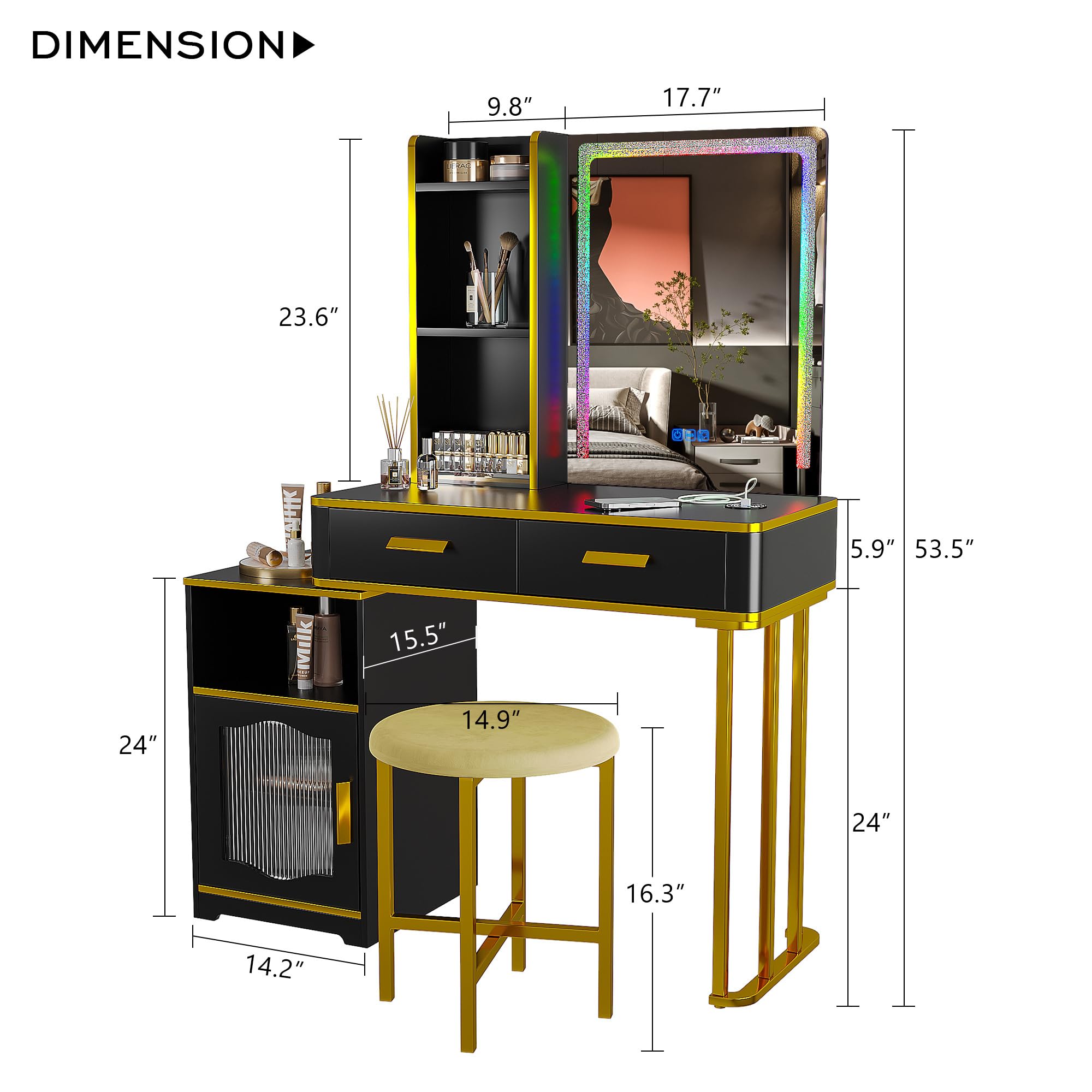 Gurexl Schminktisch mit verstellbaren LED-Beleuchtung und USB, 2-in-1 Schreibtisch mit Spiegel LED und Flexibler Unterschrank,Modern Kosmetiktisch mit Hocker für Wohnzimmer,Ankleidezimmer,Schwarz