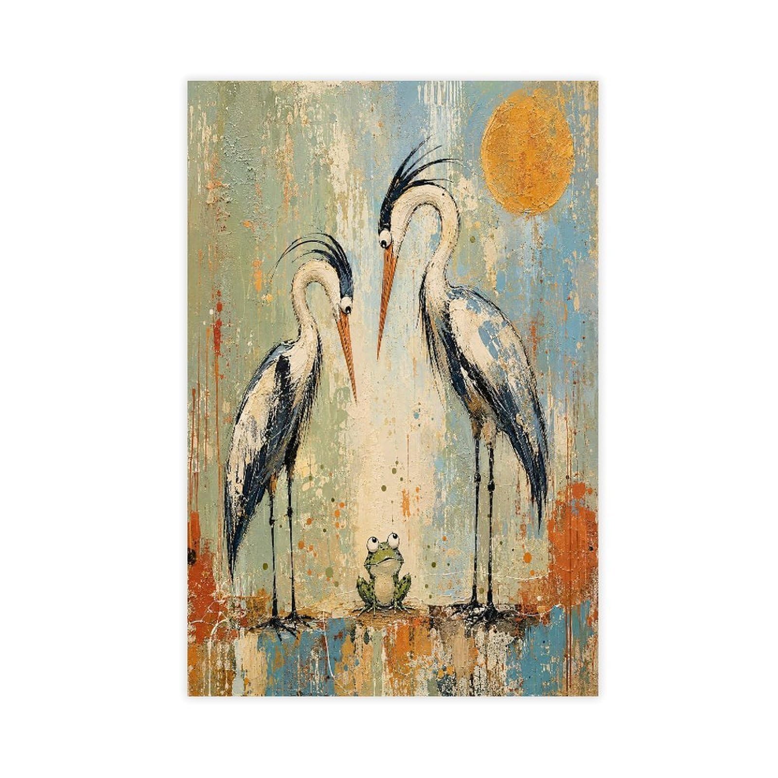 H3b8u2y5 Unframe-Style-21 Cranes With Frog Canvas Wall Art, Lotus Pond Sofa Area