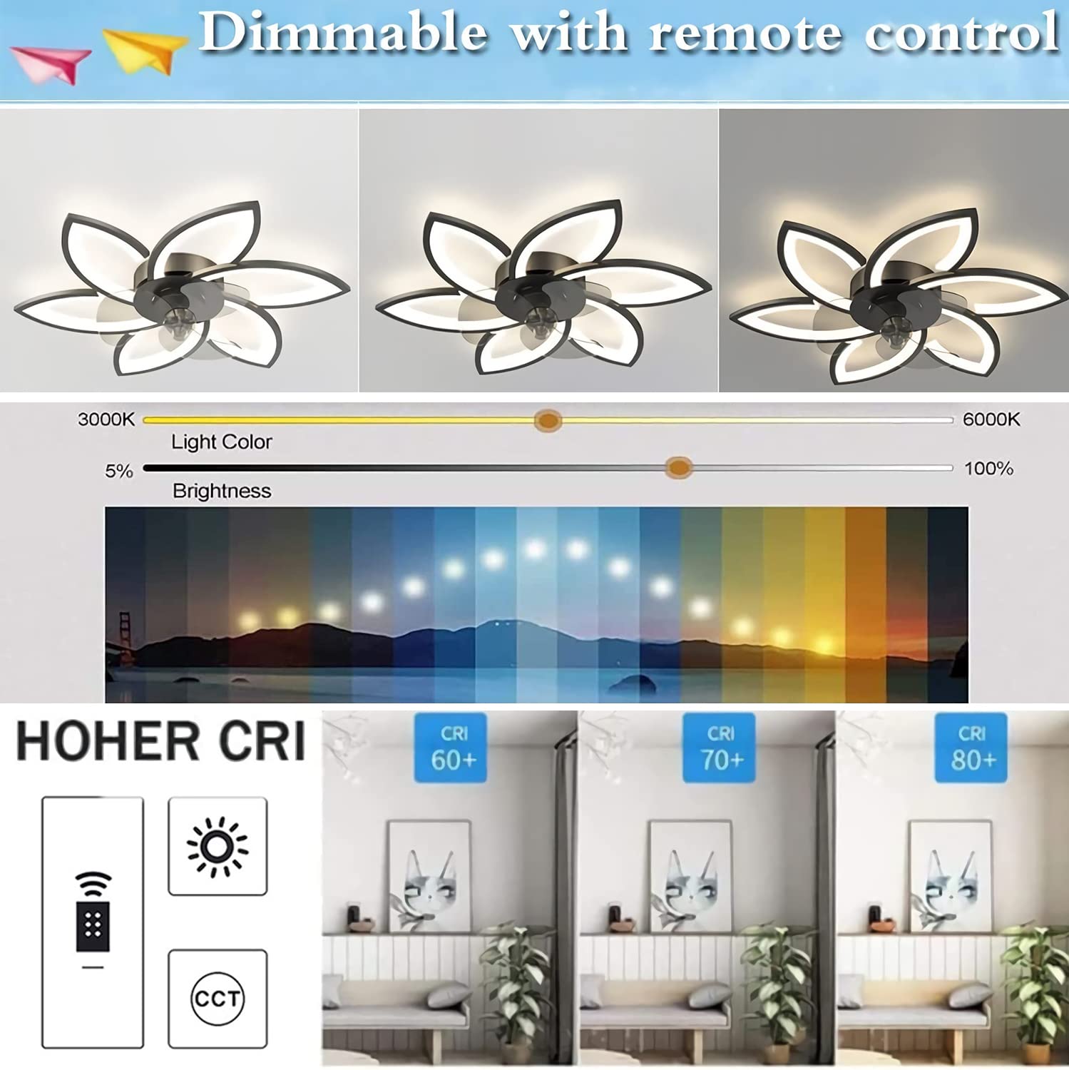 Lampy z wiatrakiem cichy Nowoczesny Wentylator led 6 płomieni lampa Sufitowa ściemniana z Pilotem Lampa Wentylator Jadalnia Sypialnia Wentylator do Salonu 78cm, 72W (czarny)