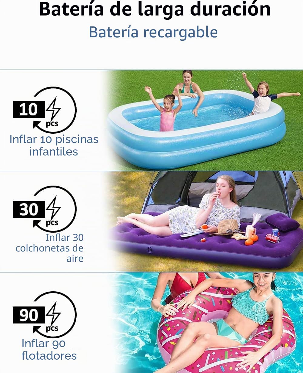 Inflador Eléctrico con Batería Recargable - Bomba para Colchón Hinchable, Paddle Surf, Kayak - Infla/Desinfla con 4 Boquillas