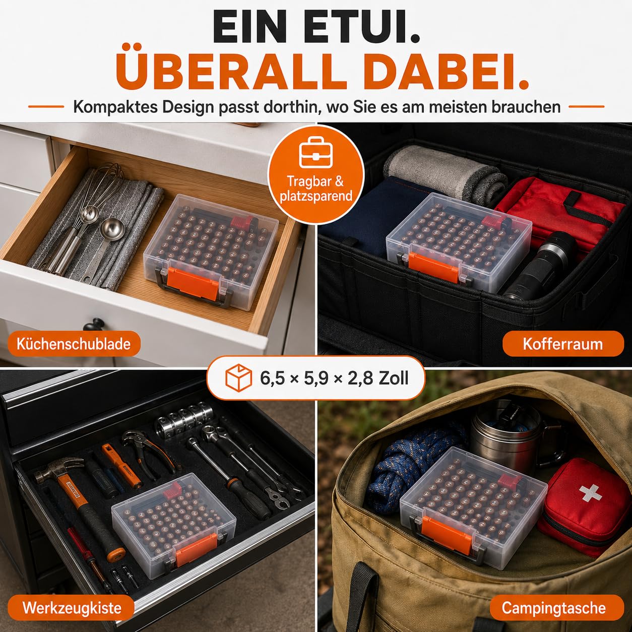 FULLCASE Battery Organizer, Batteriebox mit Tester, Batterie-Aufbewahrungsbox für 34 AA-/30 AAA-Batterien, kompakter Batteriehalter aus Kunststoff für Küchenschublade, Werkzeugkasten und Camping-Set