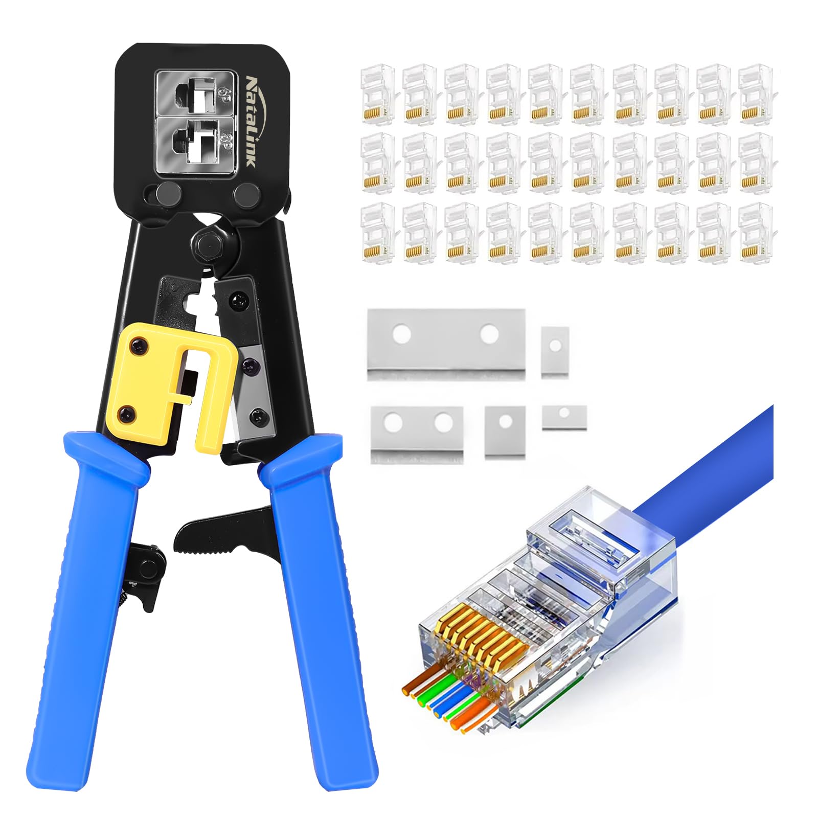Crimpatrice RJ45 pass-through, crimpatrice Ethernet Cat 6 Cat 5E Cat 5 All-in-One RJ45 con 30 connettori Cat6 RJ45 pass-through e lama di ricambio
